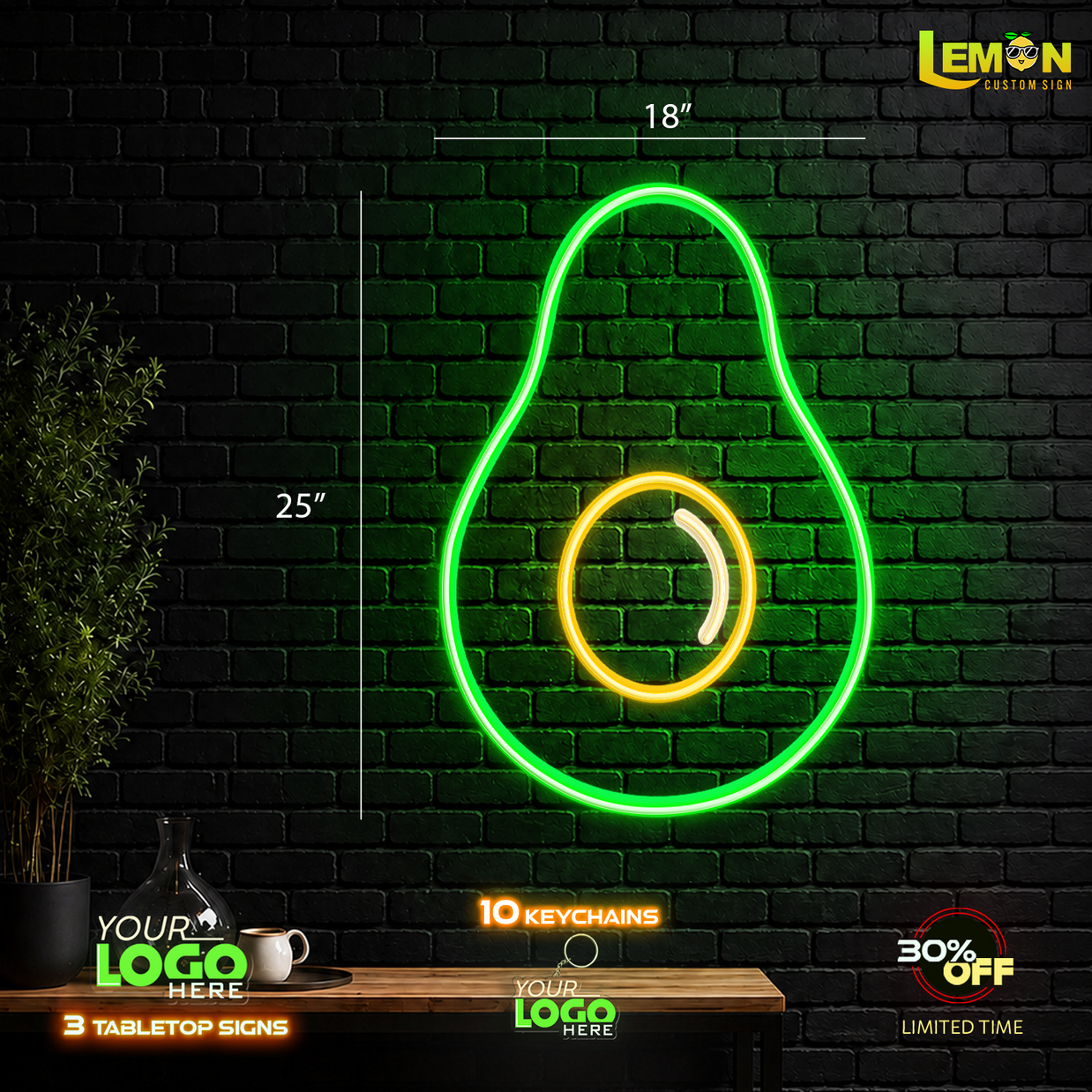 AVOCADO | LED NEON SIGN ( 15 free keychains and 3 tabletop signs)