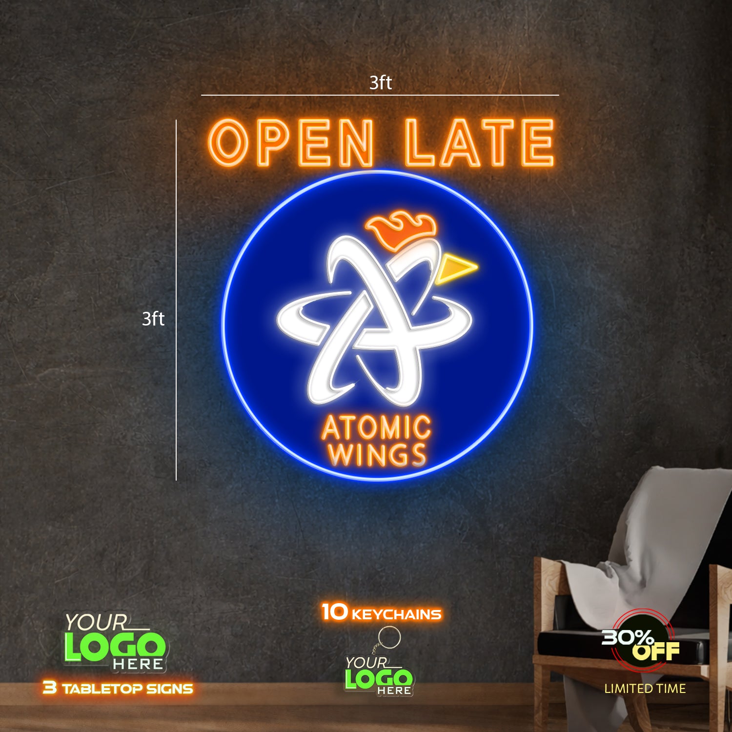 OPEN LATE ATOMIC WINGS | LED NEON SIGN ( 2 SIGNS)
