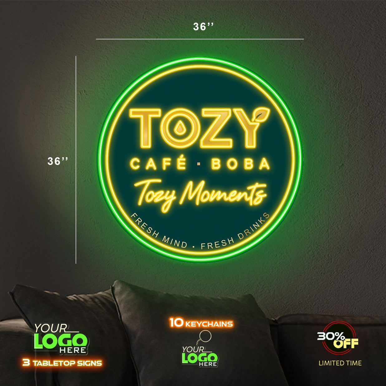 TOZY | LED NEON SIGN (6 tabletop signs and 15 keychains free)