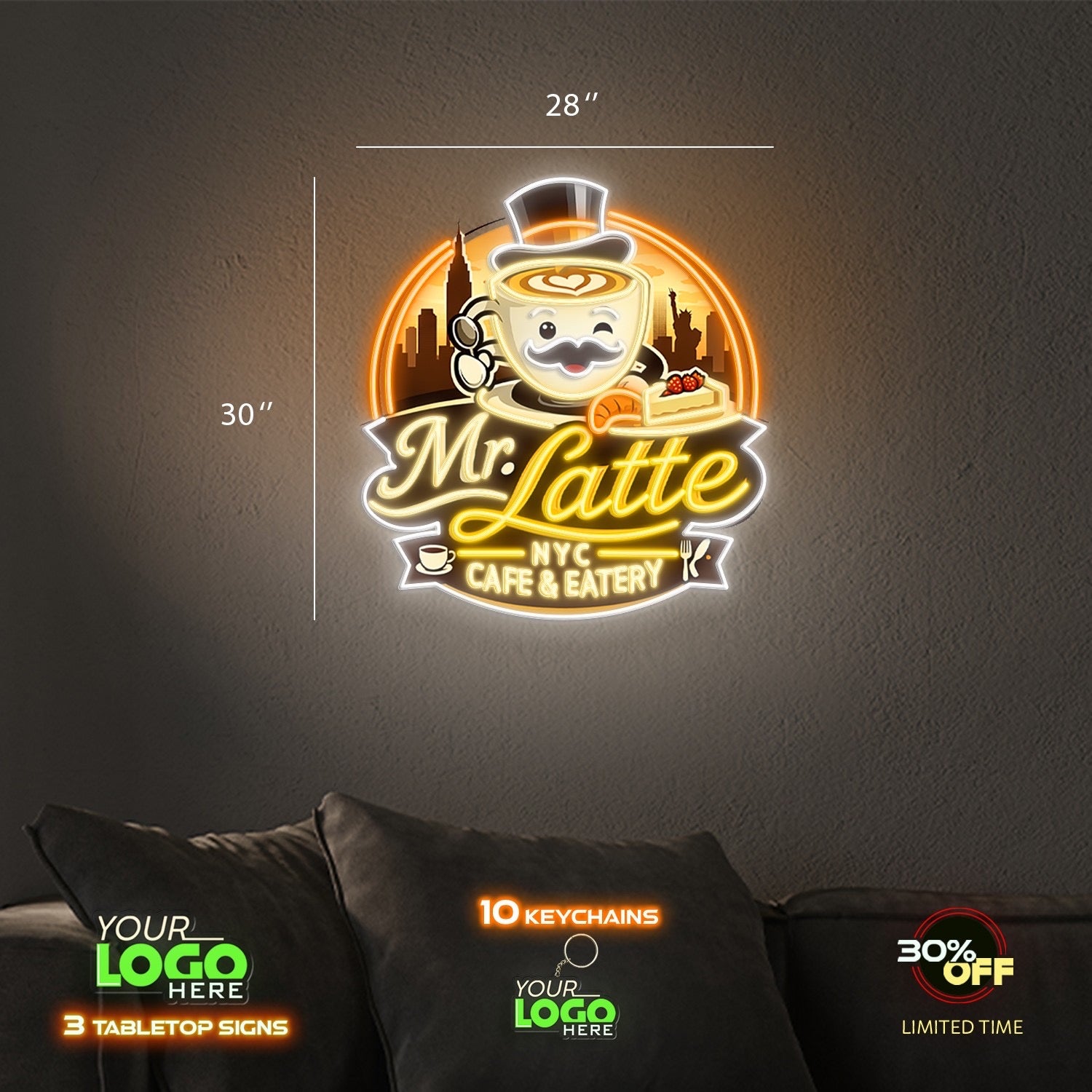 Mr Latte | LED NEON SIGN (1 sign and 50 keychains)