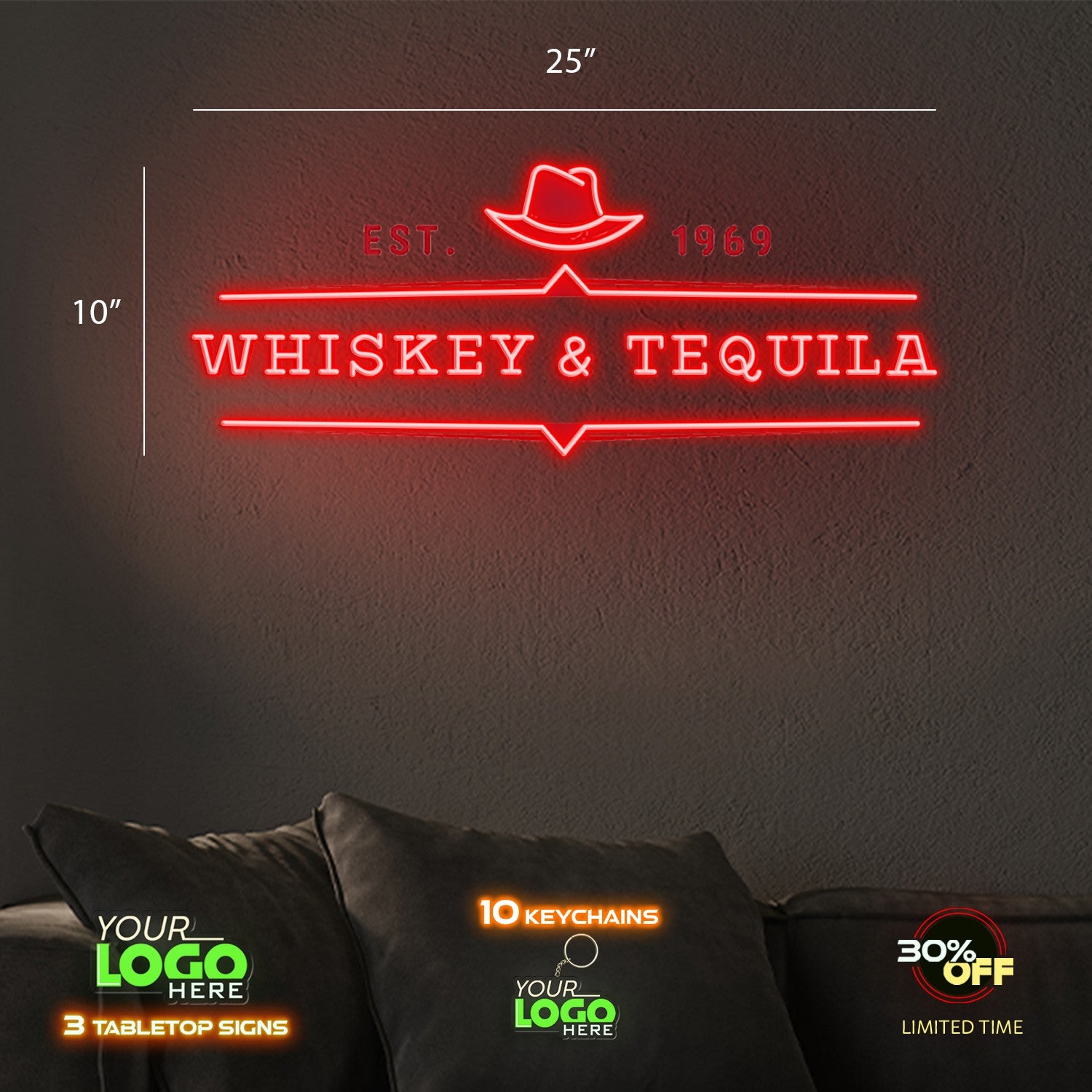 WHISKEY & TEQUILA  | LED NEON SIGN ( 2 SIGNS AND 20 FREE TABLETOP SIGNS)