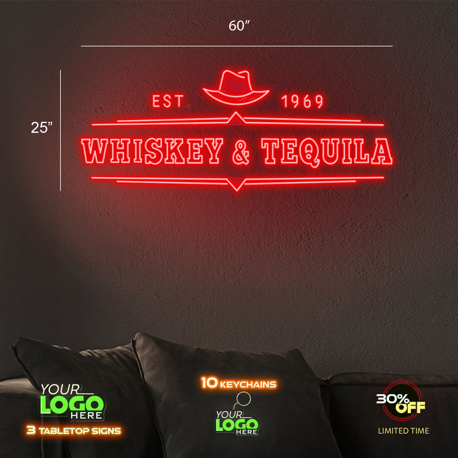 WHISKEY & TEQUILA  | LED NEON SIGN ( 2 SIGNS AND 20 FREE TABLETOP SIGNS)